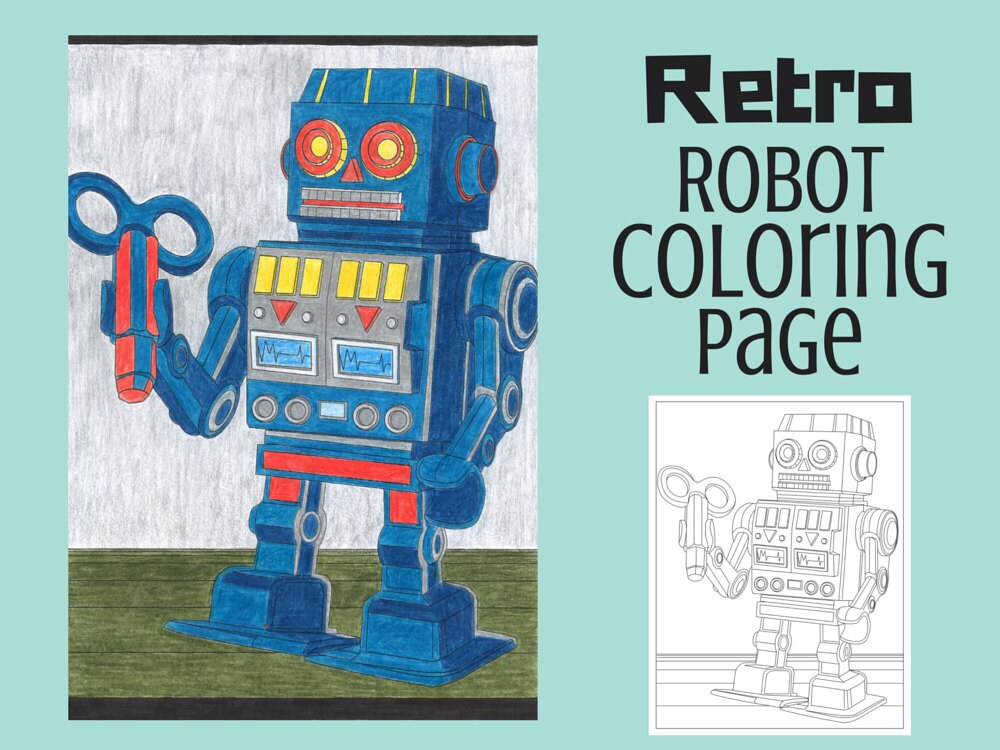 retro robot coloring page printable instant download adult etsy new zealand