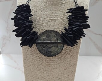 Handcrafted Black Statement Necklace: Upcycled Rubber, Tribal Pendant