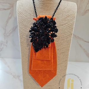 Bold Orange Paisley Necktie Necklace With Black Crystal Floral Cluster – Upcycled Statement Necktie Necklace