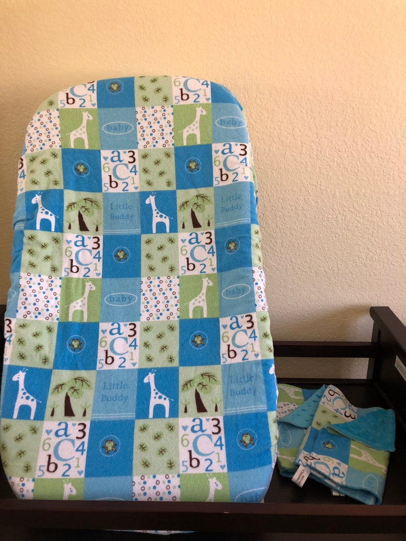 Blue green and white blocks with ABC/'s and giraffes burp clothes and changing pad cover
