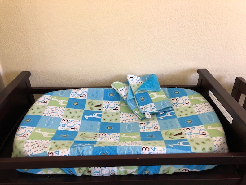 Blue green and white blocks with ABC/'s and giraffes burp clothes and changing pad cover