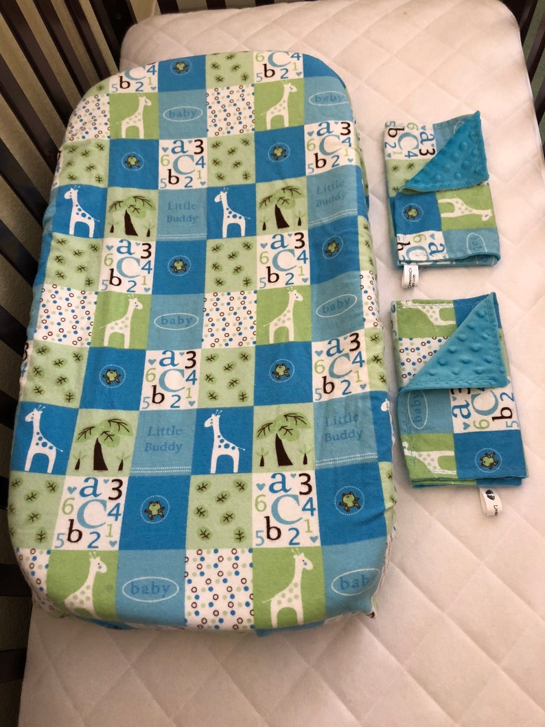 Blue green and white blocks with ABC/'s and giraffes burp clothes and changing pad cover