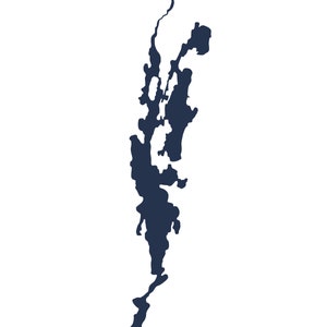 May include: A dark blue silhouette of a long, narrow island with a jagged coastline. The island is surrounded by water and has a few small inlets.