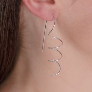 Silver Corkscrew Earrings, Silver Spiral Earrings, Silver Threader Earrings, Corkscrew Spiral Earrings, Modern, Comfortable Casual