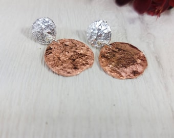 Statement Copper and Silver Earrings, Simple Statement Earrings, Handmade Modern Copper and Silver Dangly Earrings