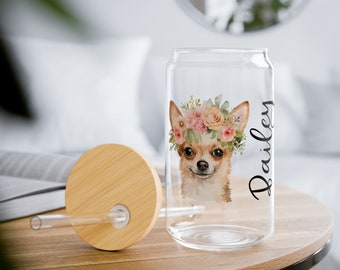 Customizable Chihuahua with Flower Crown 16 oz Sipper Glass-Personalized Drinkware Gift