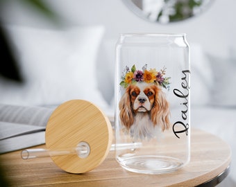 Customizable Cavalier King Charles Spaniel with Flower Crown 16 oz Sipper Glass-Personalized Drinkware Gift