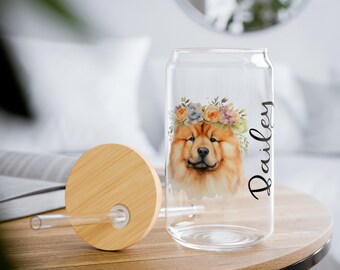 Customizable Chow Chow with Flower Crown 16 oz Sipper Glass-Personalized Drinkware Gift