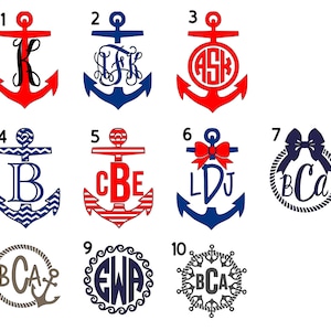 May include: Ten different anchor designs with various monogram initials and patterns. The anchors are in red, blue, and gray with white accents. Some anchors have a bow, a rope, or a nautical wheel.