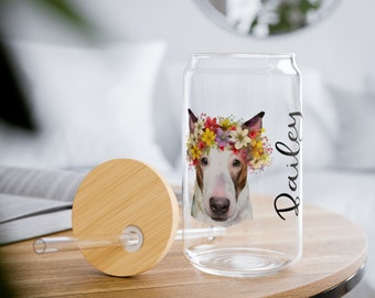 Customizable Bull Terrier with Flower Crown 16 oz Sipper Glass-Personalized Drinkware Gift