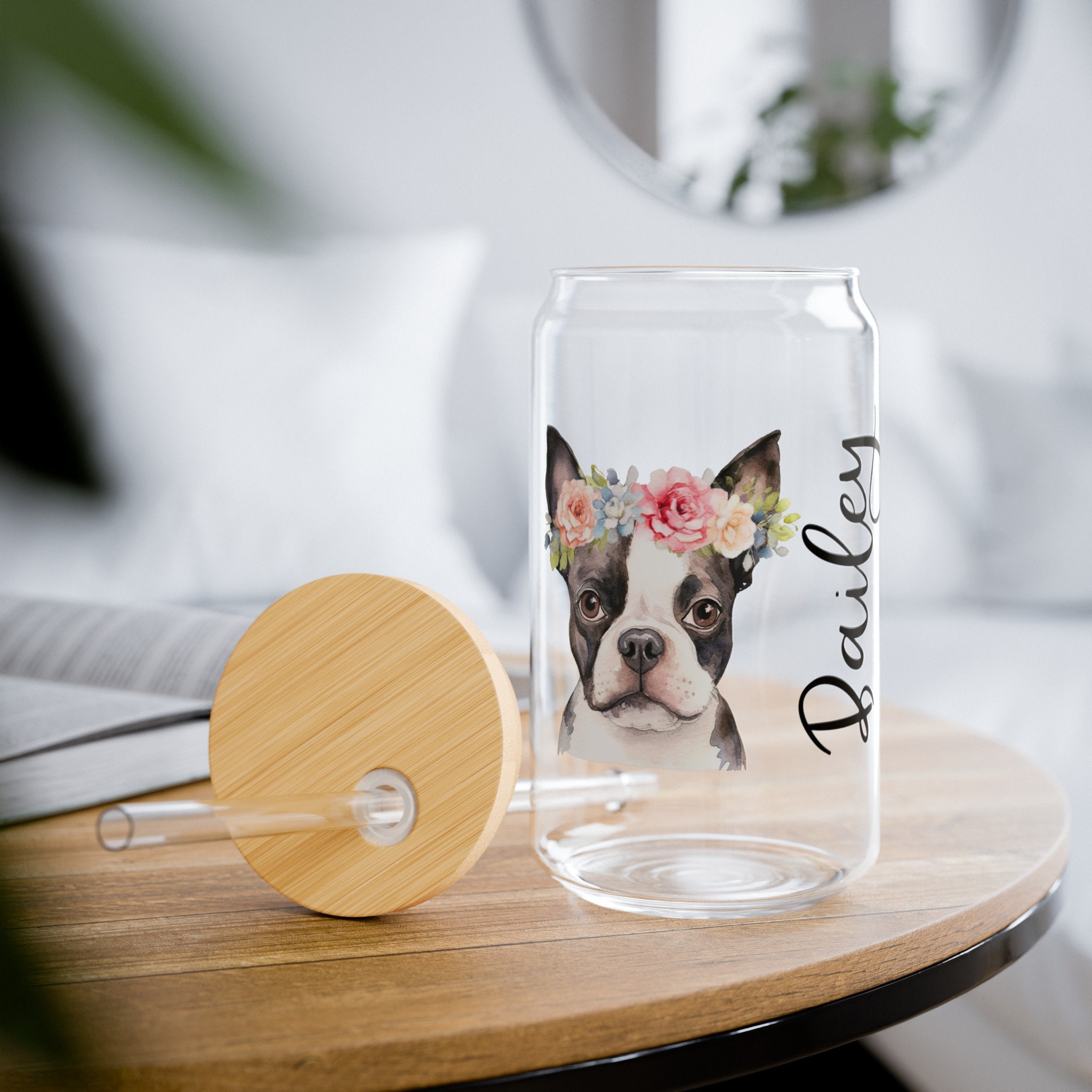 Customizable Boston Terrier with Flower Crown 16 oz Sipper Glass-Personalized Drinkware Gift