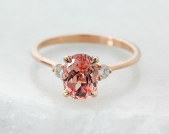 Chatham Lab Created Oval Peach Sapphire Engagement Ring, Rose Gold Peach Sapphire Ring, 3 Stone Sapphire Wedding Ring