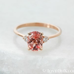 Chatham Lab Created Oval Peach Sapphire Engagement Ring, Rose Gold Peach Sapphire Ring, 3 Stone Sapphire Wedding Ring