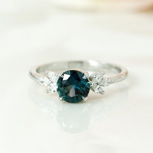 White Gold Teal Sapphire Engagement Ring, Floral Cluster Peacock Sapphire Ring, Low Profile Bridal Ring, Blue Green Cluster Wedding Ring