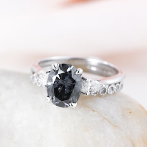 White Gold Oval Smoky Grey Moissanite Engagement Ring Set
