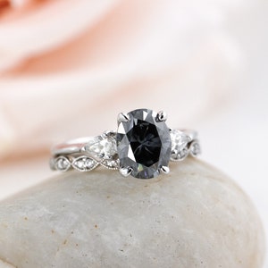 White Gold Oval Grey Moissanite 3 Stone Engagement Ring Set
