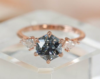 Rose Gold Hexagon Grey Moissanite 3 Stone Engagement Ring, Hexagon Engagement Ring, Alternative Bridal, Geometric Engagement Ring