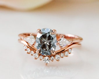 Rose Gold Oval Grey Moissanite 3 Stone Engagement Ring, Crown Wedding Band, Alternative Bridal Rings, Diamond Free Wedding Rings