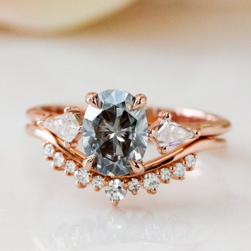 Rose Gold Oval Grey Moissanite Engagement Ring 3 Stone Oval - Etsy