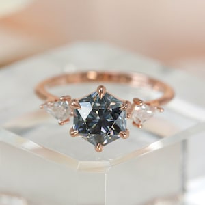 Rose Gold Hexagon Grey Moissanite 3 Stone Engagement Ring