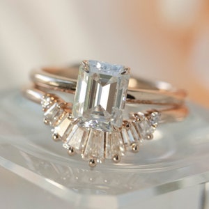 Rose Gold Colorless Emerald Cut Moissanite Engagement Ring - Etsy