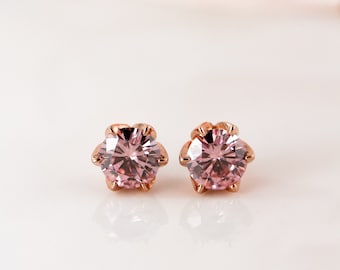 Rose Gold Pink Peach Moissanite Studs, Dainty Prong Set Round Moissanite Earrings, Anniversary Gift for Wife, Everyday Moissanite Studs