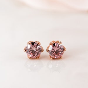 Rose Gold Pink Peach Moissanite Studs, Dainty Prong Set Round Moissanite Earrings, Anniversary Gift for Wife, Everyday Moissanite Studs