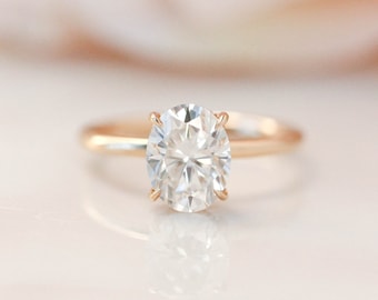 2 Carats Oval Moissanite Engagement Ring, Hidden Halo Oval Bridal Ring, Low Profile Ring, Oval Lab Grown Diamond Ring
