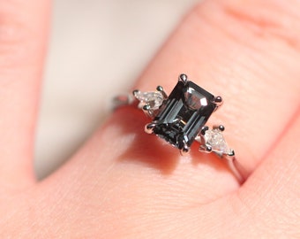Emerald Cut Grey Spinel Engagement Ring: Kite Moissanite 3 Stone Ring