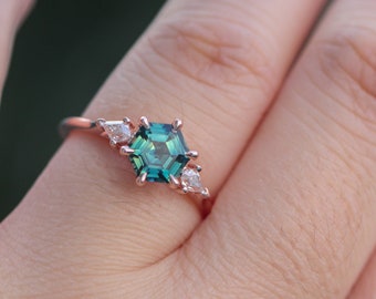 Hexagon Teal Sapphire Engagement Ring, Rose Gold Peacock Sapphire 3 Stone Ring, Teal Sapphire Wedding Ring