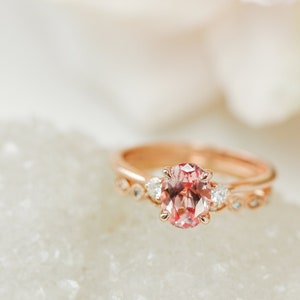 Rose Gold Oval Peach Sapphire Engagement Ring Set: Art Deco Leaf Band