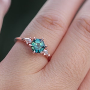 Hexagon Teal Sapphire Engagement Ring, Rose Gold Peacock Sapphire 3 Stone Ring, Teal Sapphire Wedding Ring
