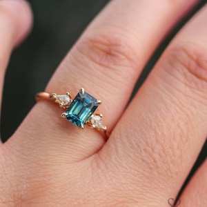 Emerald Cut Teal Sapphire Engagement Ring: 14K Gold, Moissanite Accents