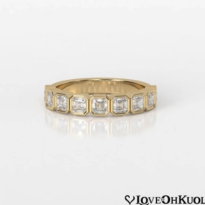 Asscher Cut Lab Grown Diamond Wedding Band: Bezel Set Half Eternity Ring