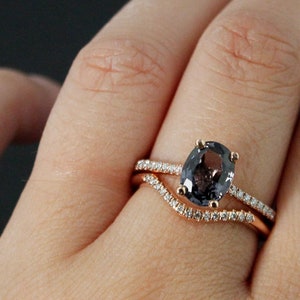 Smokey Grey Blue Spinel Engagement Ring - Curved Diamond Wedding Band - Nested Diamond Band, Rose Gold, Non-Traditional Bridal Set