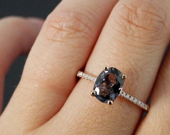 Rose Gold Oval Grey Spinel Ring - Spinel Engagement Ring - Half-Eternity Diamond Band - Natural Spinel