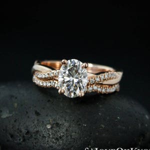 Forever One Moissanite Engagement Ring - Oval Moissanite - Twisted Diamond Wedding Band