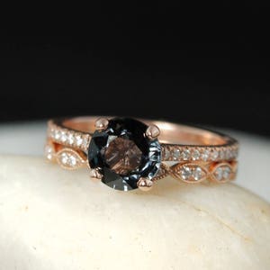 Natural Grey Spinel Engagement Ring Double Diamond Leaf Wedding Band 1/2 Eternity Band, Diamond Band, Bridal Set image 1