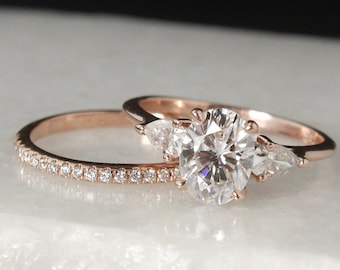 Rose Gold 3 Stone Moissanite Engagement Ring - Oval Moissanite - Pave Diamond Wedding Band, 1/2 Eternity, Conflict Free