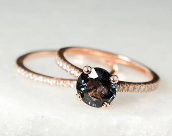 Rose Gold Round Grey Spinel Engagement Ring - 1/2 Eternity Diamond Band - Matching Wedding Band, Bridal Set