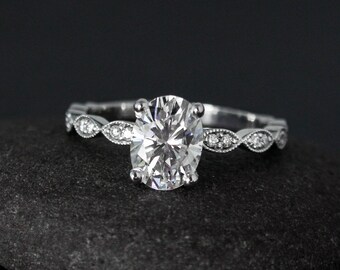 1.50 Carat Oval Lab Grown Diamond Engagement Ring: Art Deco Milgrain 14K White Gold