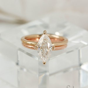 2 Carat Marquise Lab Grown Diamond Engagement Ring Set: 14K Gold Hidden Halo