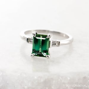 White gold Three Stone Emerald Cut Green Tourmaline Ring, Unique Green Engagement Ring, October Birthstone Healing Heart Chakra Ring