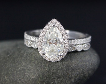 Forever One White Gold Vintage Pear Cut Moissanite Halo Diamond Engagement Ring – Wedding Set