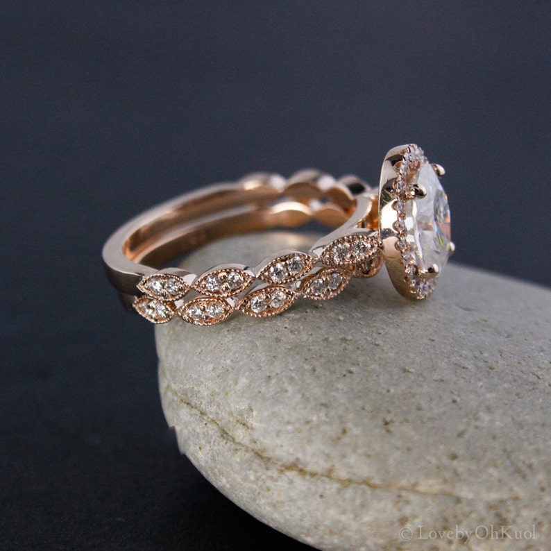 Rose Gold Oval Moissanite Engagement Ring Diamond Milgrain Etsy