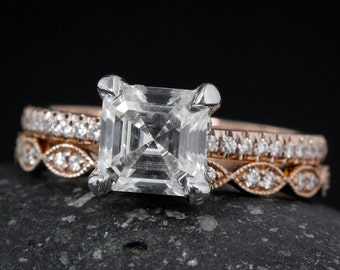 Forever One Moissanite Engagement Ring - Ascher Cut Moissanite - Leaf Milgrain Wedding Band