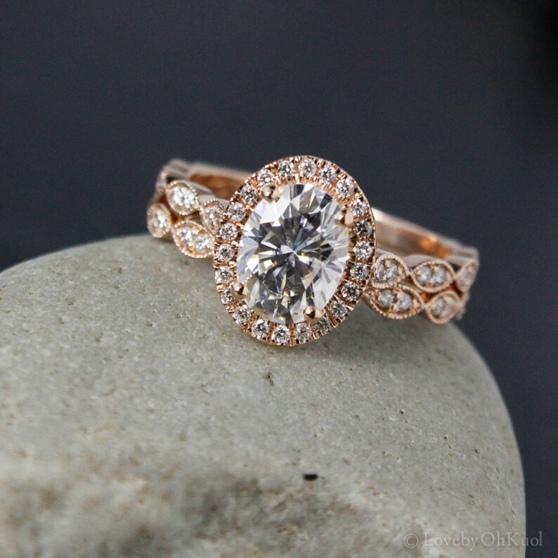 Rose Gold Oval Moissanite Engagement Ring Diamond Milgrain Etsy