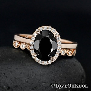 Oval Black Tourmaline Engagement Ring – Diamond Halo – Half Eternity Milgrain Leaf Band