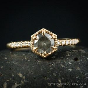 Natural Smoky Grey Round Brilliant Cut Diamond Ring, Hexagon Micro Pave Diamond Engagement Ring, Low Profile Ring, Geometric Ring