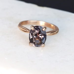 14K Rose Gold Oval Grey Spinel Solitaire Engagement Ring Unique Twist Band Wedding Ring
